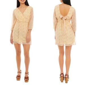 As U Wish  3/4 Sleeve Tie Back Surplice Dress Yellow/Pink/Ivory XL NWT